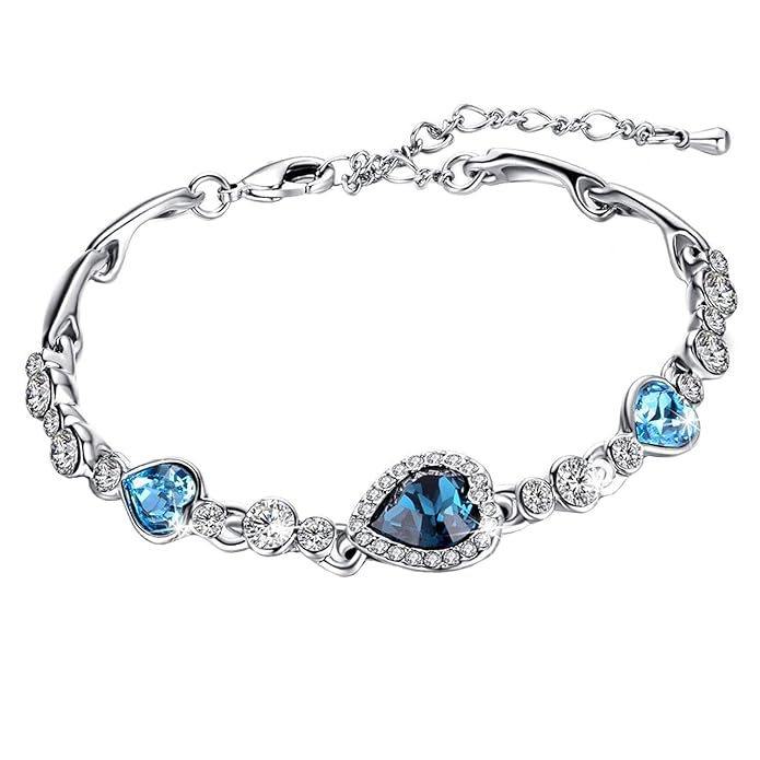 Silver Toned Valentine Special Heart Blue Crystal Bracelet