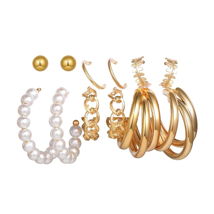 Fashion Gold Plated and White Pearls Studded Hoops | Gold Plated Earring Set Western Earrings Combo