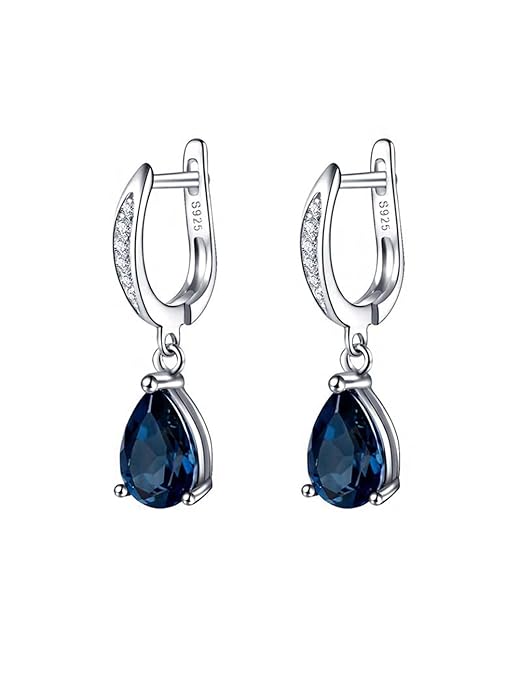 Silver Tone Navy Blue Crystal Teardrop Drop Earrings