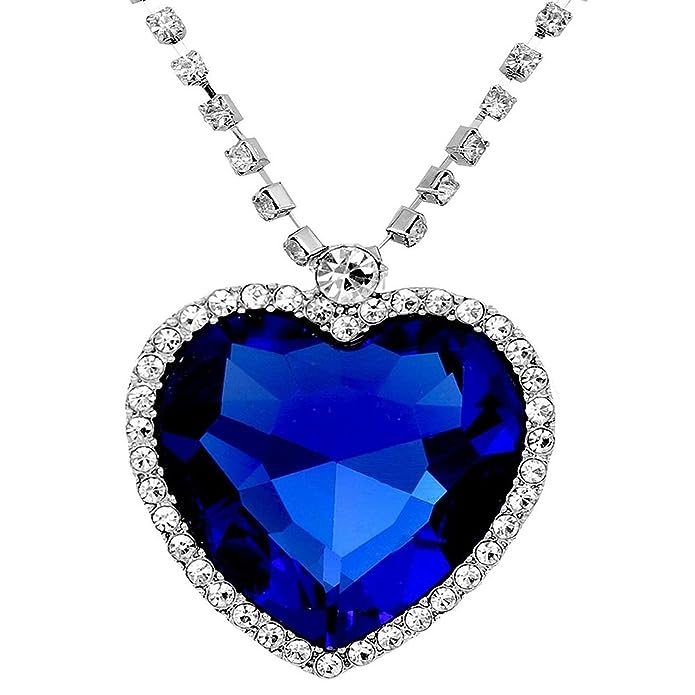 Blue Ocean Heart Crystal Pendant with Studded Chain