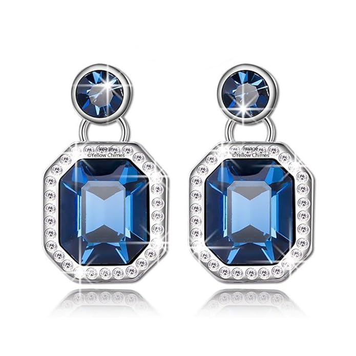 Silver Plated Classic Crystal Blue Drop Earrings For Women and Girls